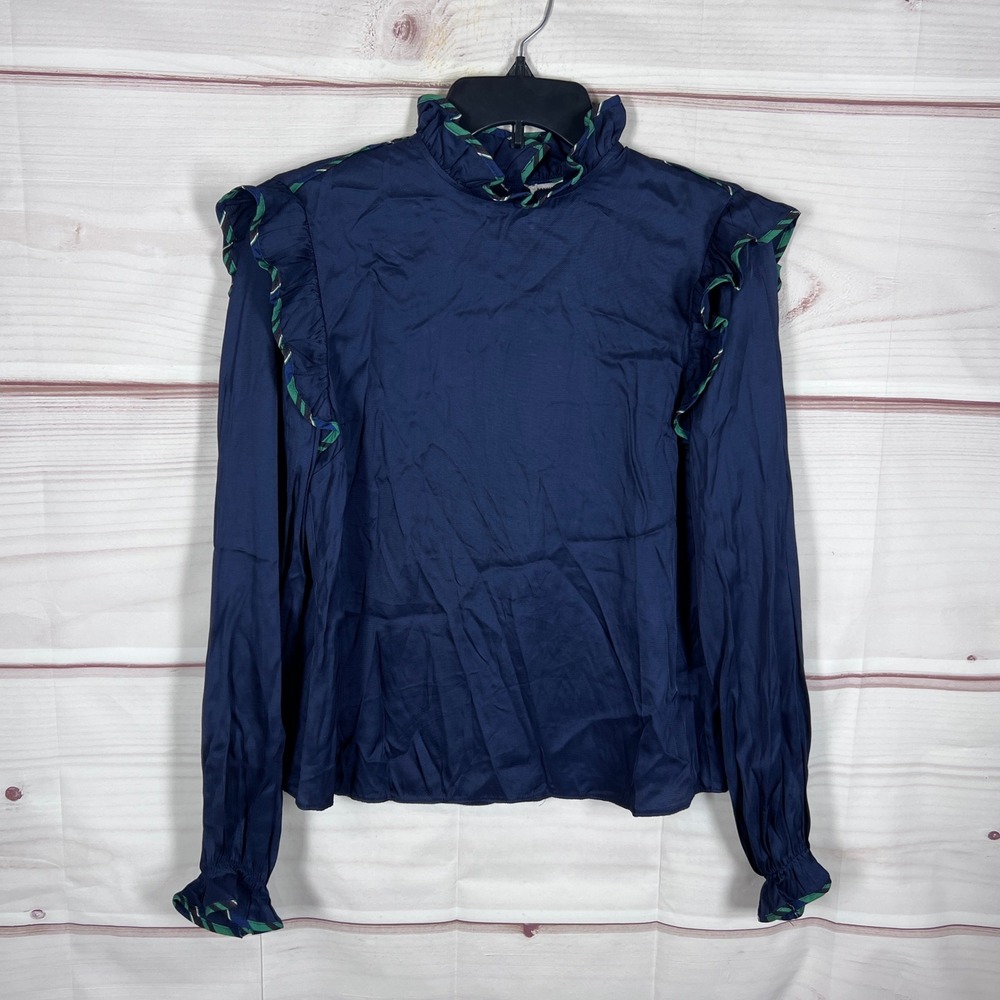 Opening Ceremony Blouse Womens 0 Navy Ruffle Mock Neck Long Sleeve Snap Back Top